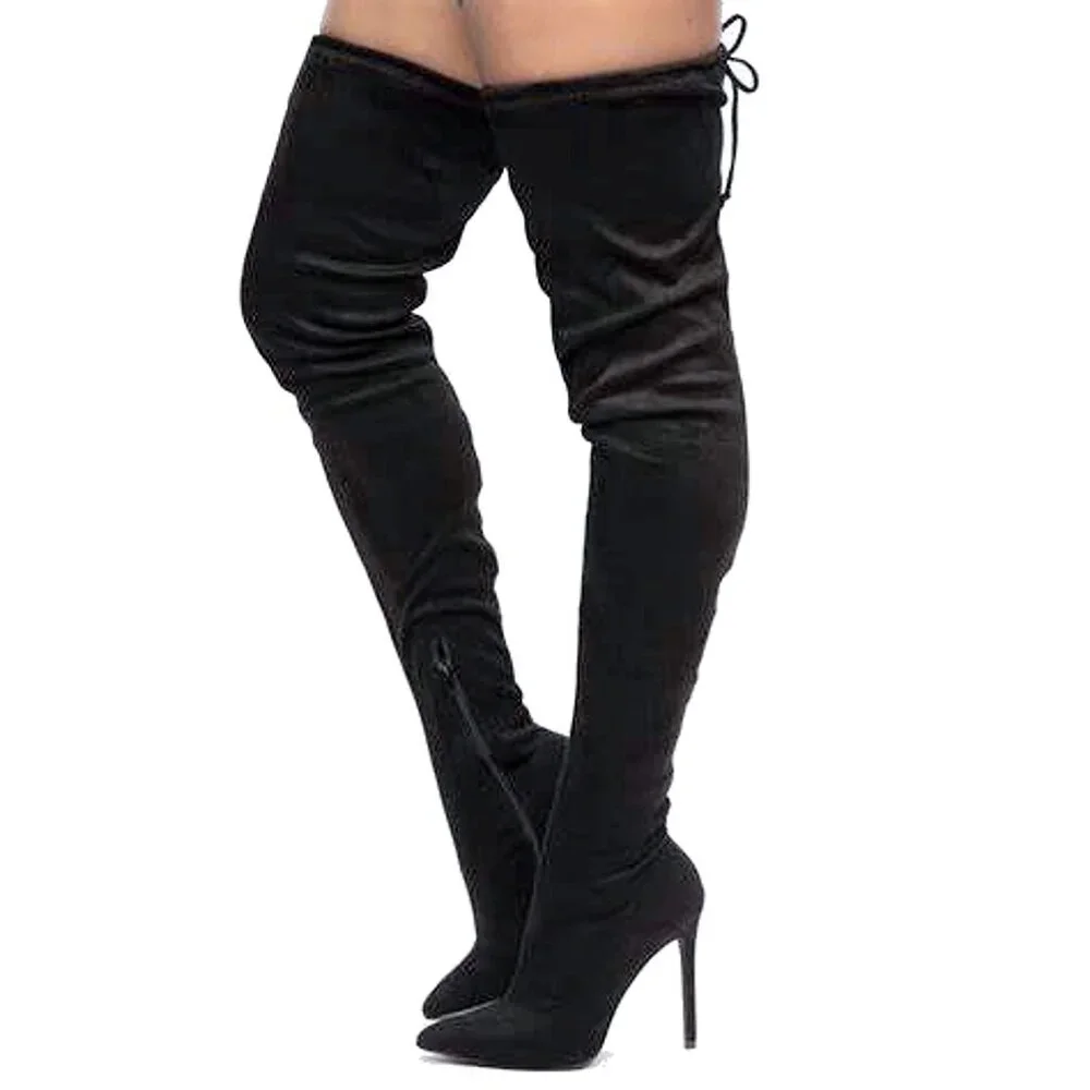 🖤 Statement Style Pointed Toe Thigh-High Silhouette Black SU Stiletto Boots